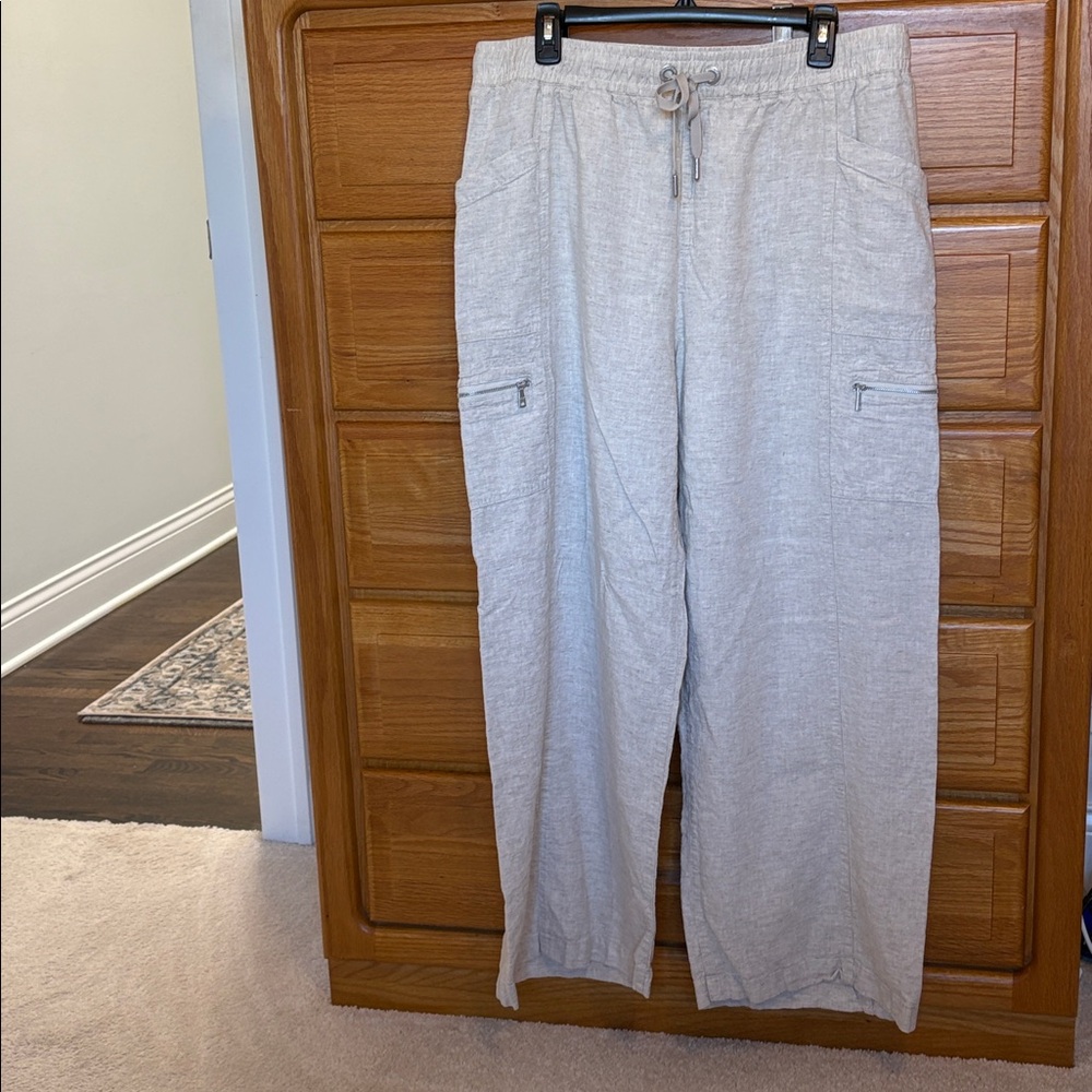 DKNY JEANS Linen Blend Wide Leg Cargo Pants in Oatmeal Size XL